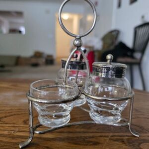 Vintage Silver Plated 3-Piece Condiment Cruet Set with Glass Jars & Spoon